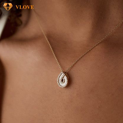 Teardrop Diamond Necklace | 14K Gold Baguette & Round Cut Natural Diamonds | Statement Pendant Jewelry | VLOVE