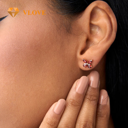 14K Red Garnet Butterfly Stud Earrings | Party Jewelry with Green Peridot Yellow Citrine Purple Amethyst London Blue Topaz | Dainty Gold Earrings for Women | VLOVE