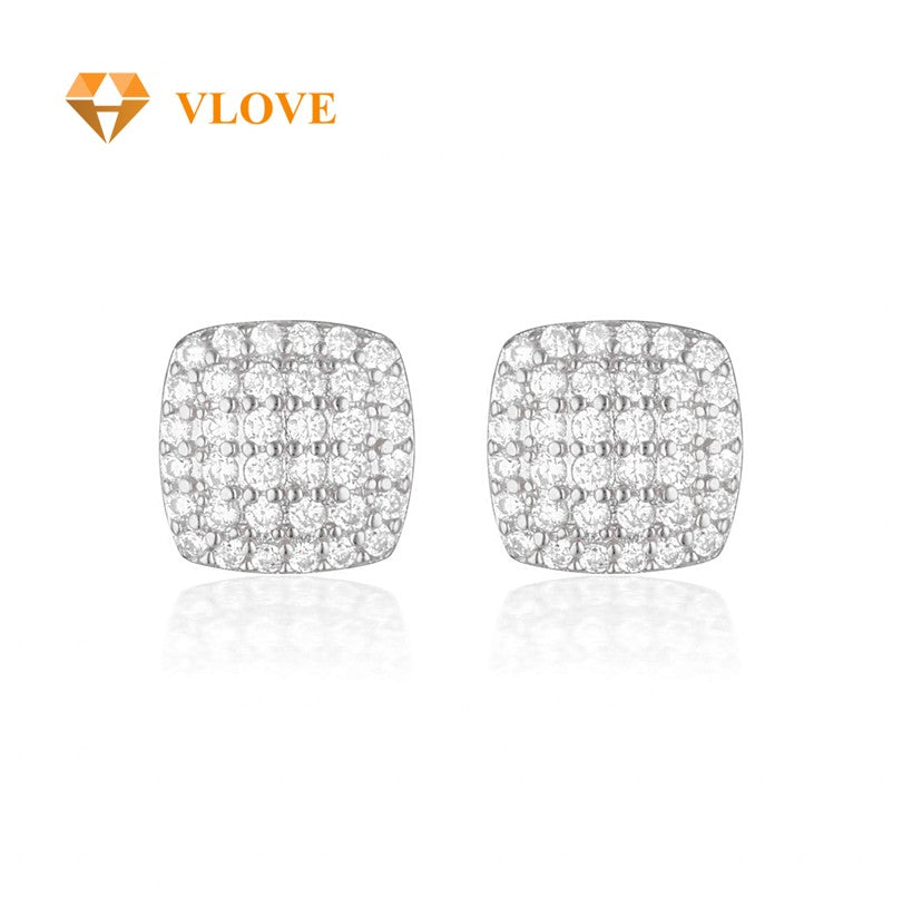 14K Solid Gold Square Diamond Stud Earrings | Full Pave Round Diamond Setting | Luxury Unisex Jewelry | VLOVE