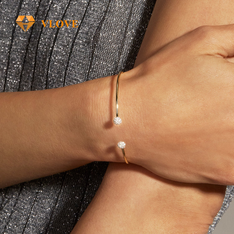 14K Gold Diamond Accent Open Cuff Bangle | Disco Ball Design Bracelet | Easter Gift Jewelry for Women | VLOVE