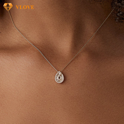 Teardrop Diamond Necklace | 14K Gold Baguette & Round Cut Natural Diamonds | Statement Pendant Jewelry | VLOVE