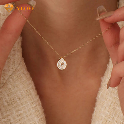 Teardrop Diamond Necklace | 14K Gold Baguette & Round Cut Natural Diamonds | Statement Pendant Jewelry | VLOVE