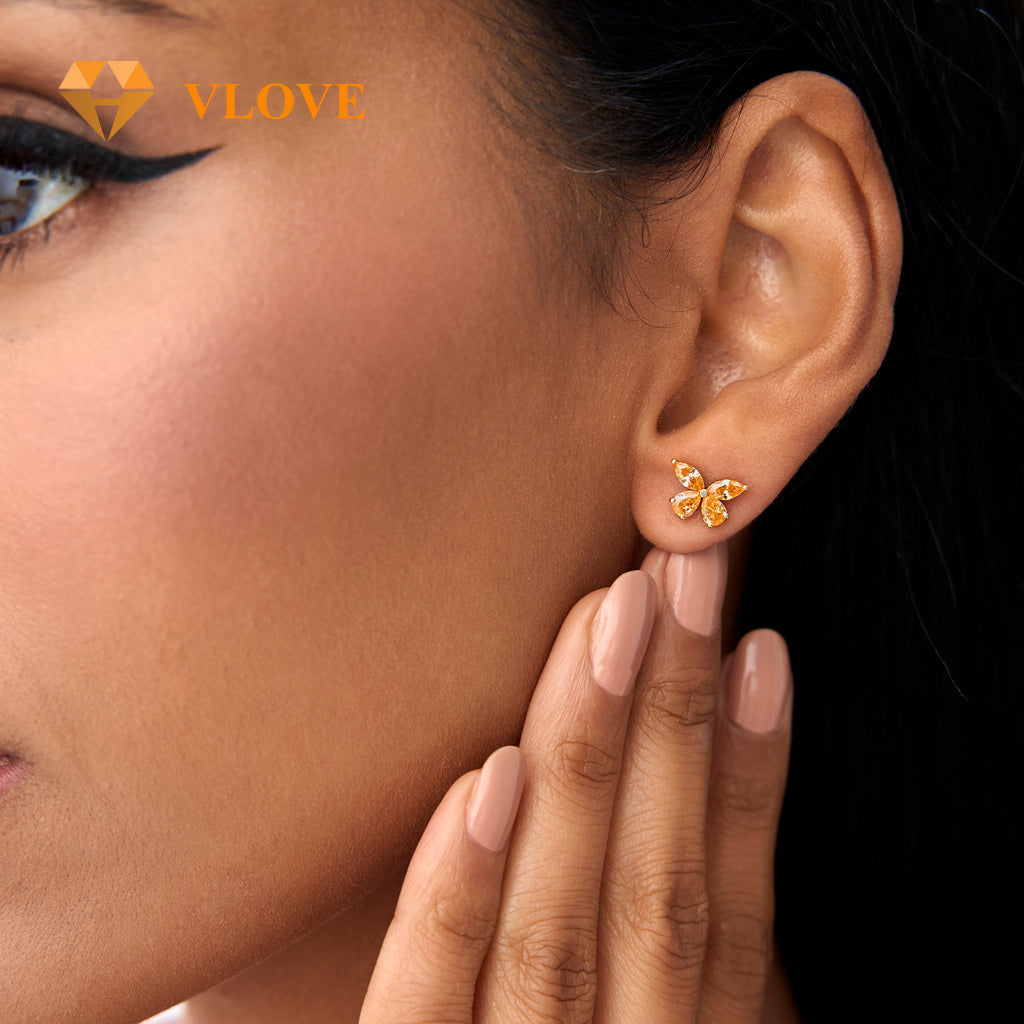 14K Red Garnet Butterfly Stud Earrings | Party Jewelry with Green Peridot Yellow Citrine Purple Amethyst London Blue Topaz | Dainty Gold Earrings for Women | VLOVE