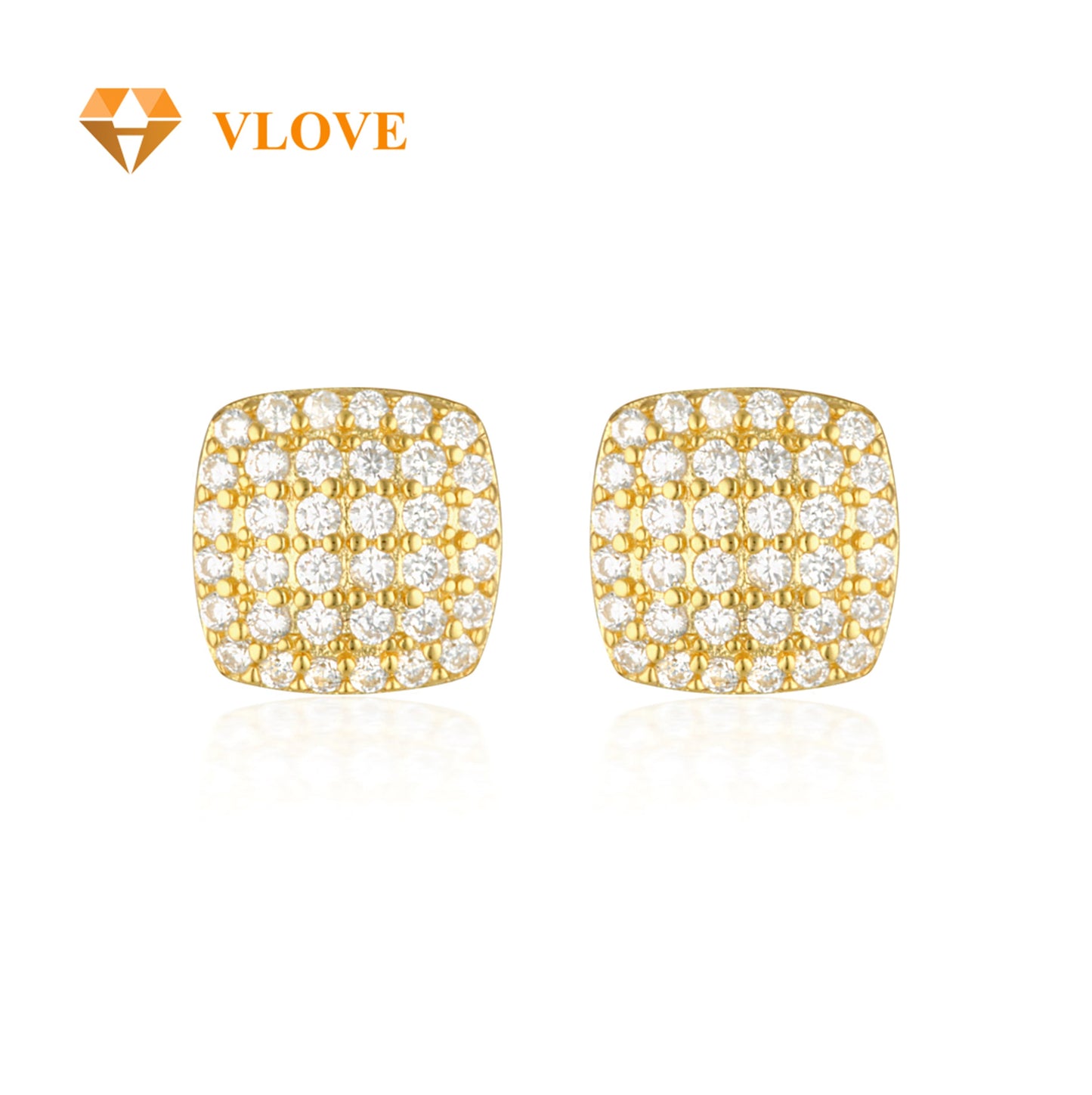 14K Solid Gold Square Diamond Stud Earrings | Full Pave Round Diamond Setting | Luxury Unisex Jewelry | VLOVE