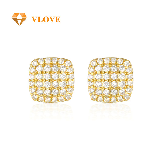14K Solid Gold Square Diamond Stud Earrings | Full Pave Round Diamond Setting | Luxury Unisex Jewelry | VLOVE