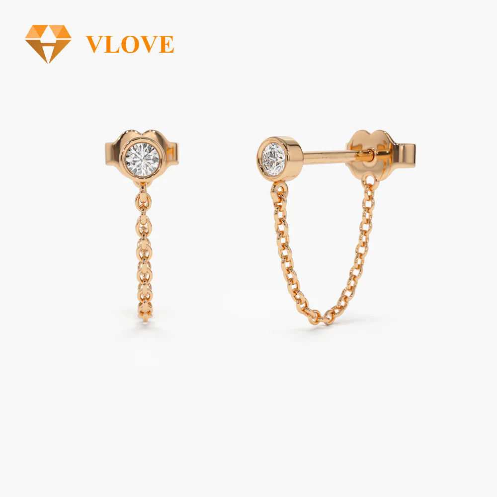 14K Solid Gold Diamond Stud Earrings with Chain Drop | Bezel Setting Luxury Jewelry | Women's Elegant Dangle Earrings | VLOVE
