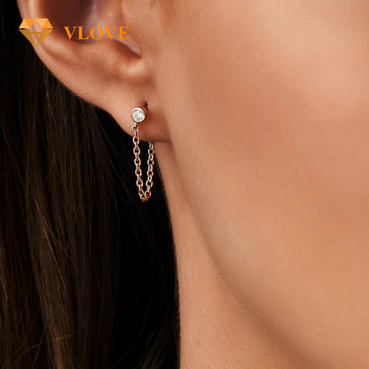 14K Solid Gold Diamond Stud Earrings with Chain Drop | Bezel Setting Luxury Jewelry | Women's Elegant Dangle Earrings | VLOVE