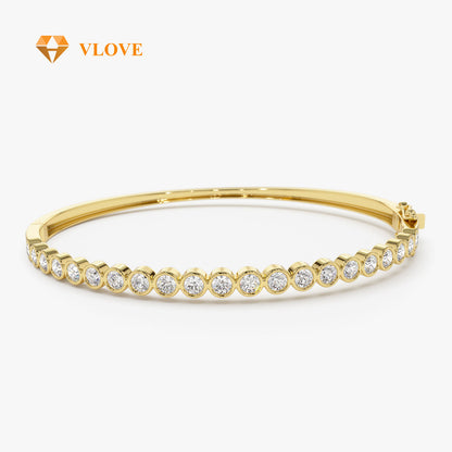 14K Gold Bezel Set Diamond Bangle | Solid Gold Luxury Bracelet for Women | Secure Setting White Stone Jewelry | VLOVE
