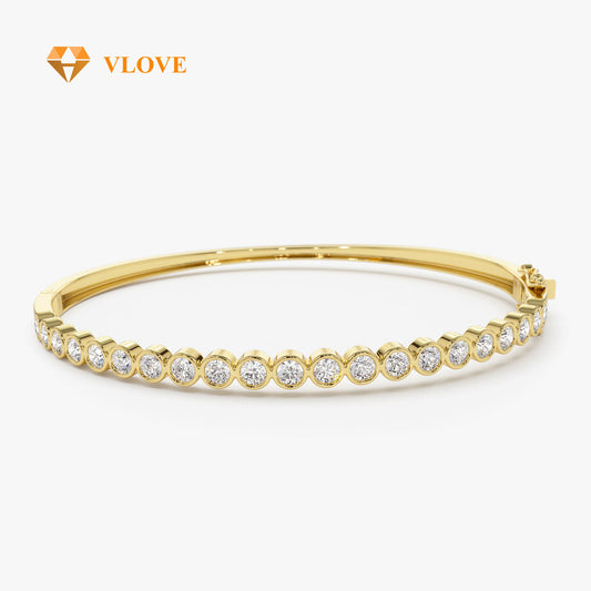 14K Gold Bezel Set Diamond Bangle | Solid Gold Luxury Bracelet for Women | Secure Setting White Stone Jewelry | VLOVE