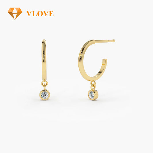 14K Gold Diamond Half Hoop Dangle Earrings | Party Jewelry with Drop Design | Simple Elegant Earrings for Women | VLOVE