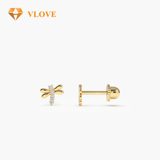 14K Gold Dragonfly Diamond Stud Earrings | Helix Piercing Jewelry | Personalized Cute Earrings | VLOVE