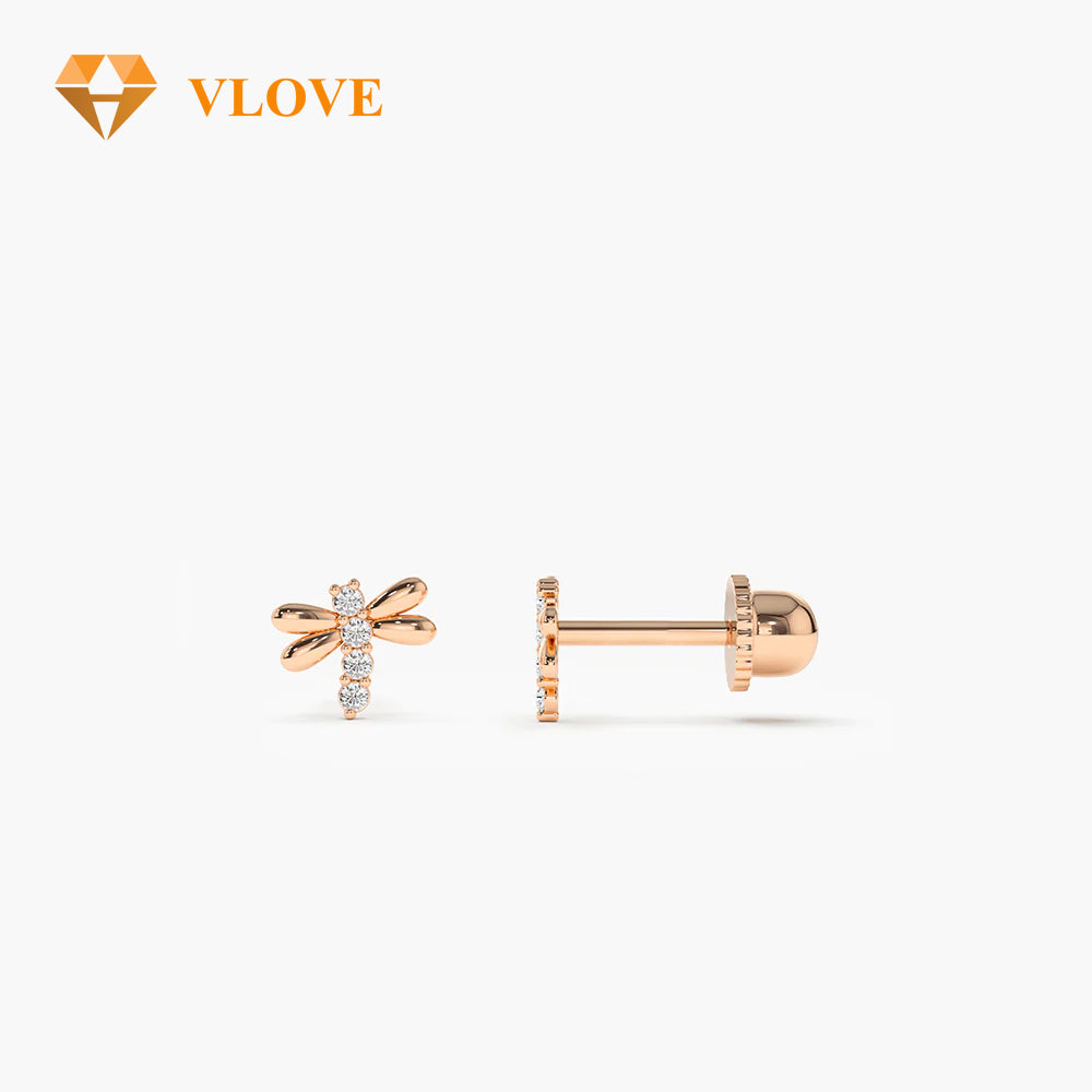14K Gold Dragonfly Diamond Stud Earrings | Helix Piercing Jewelry | Personalized Cute Earrings | VLOVE