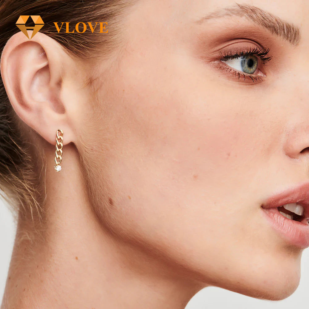14K Gold Cuban Link Diamond Earrings | Luxury Dangling Chain Earrings | Statement Jewelry for Women | VLOVE