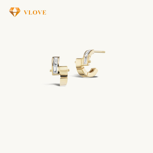 14K Baguette Diamond Hoop Earrings | Stackable Petite Gold Earrings | Natural Diamond Jewelry | VLOVE