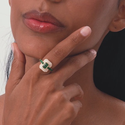 14K Art Deco Emerald and Diamond Ring | Vintage Inspired Statement Ring | Geometric Jewelry | VLOVE