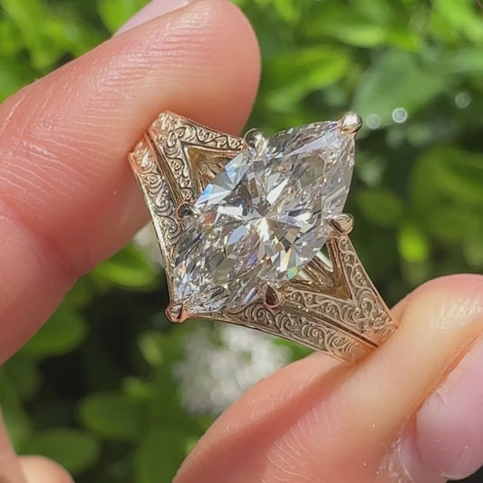 IGI Certified 14K Solid Gold Vintage Engraved Split Shank Ring  Dutch Marquise Lab Grown Diamond Engagement Ring Vintage Engrave