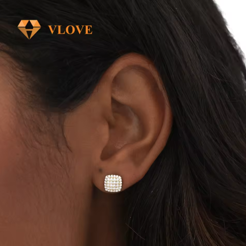 14K Solid Gold Square Diamond Stud Earrings | Full Pave Round Diamond Setting | Luxury Unisex Jewelry | VLOVE