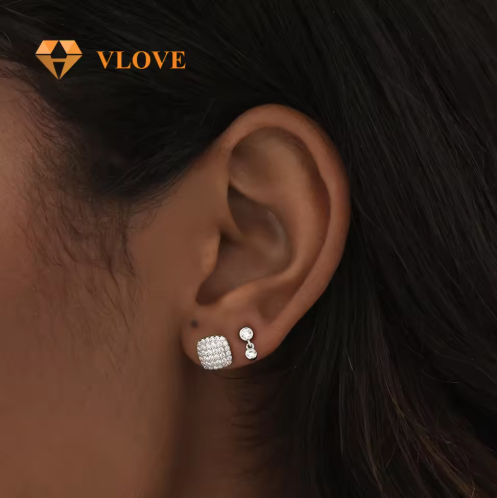 14K Solid Gold Square Diamond Stud Earrings | Full Pave Round Diamond Setting | Luxury Unisex Jewelry | VLOVE
