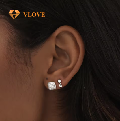 14K Solid Gold Square Diamond Stud Earrings | Full Pave Round Diamond Setting | Luxury Unisex Jewelry | VLOVE