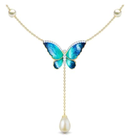 14K Solid Gold Diamond  Flared Blue Butterfly Necklace 
