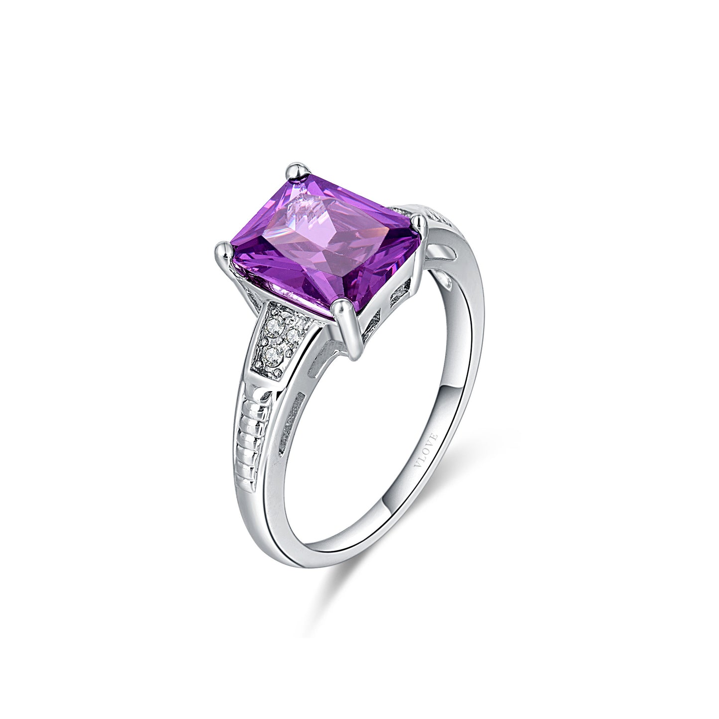 18K 纯金长方形钻石紫水晶女孩戒指