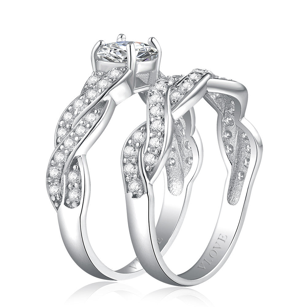 18-Karat-Massivgold-Diamant-Doppelring-Verlobungs-Hochzeitsset